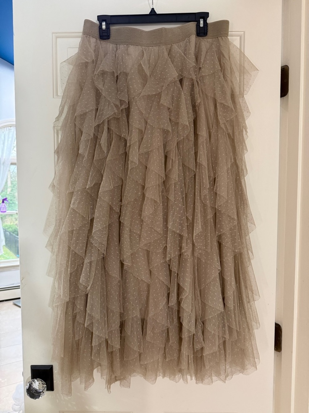 Anthropologie Taupe Polka Dot Tiered Ruffle Tulle Maxi Skirt